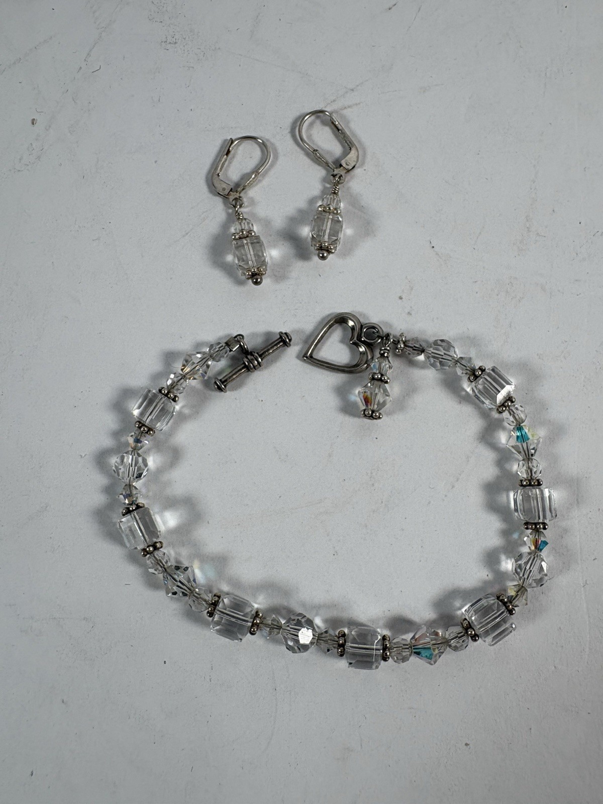 Clear Crystal Bead Bracelet & 925 Sterling Leverback Earrings Set Heart Toggle