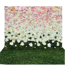 Floral Photography Backdrop – Blossom Flower Wall with Grass Base, 5'W x 6.6'H