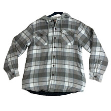 Wrangler Shirt Jacket Mens M Long Sleeve Quilted Lined Flannel Hood Gray Plaid