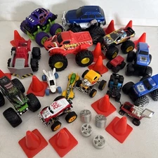 31 Pc Mixed Diecast Monster Truck Lot ZAD Friction Hot Wheels Pullback Cones Rim