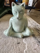 Meditating Cat Pet Urn Crackle Glaze Ceramic Celadon Green Figurine 7  w/ Plug
