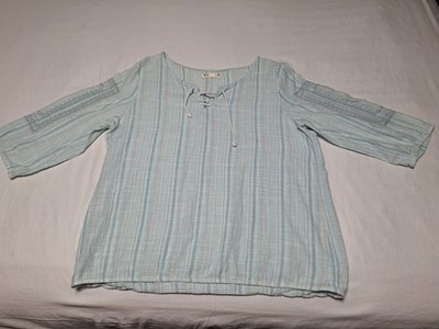 RuffHewn Womens Large Blue Striped Boho Peasant Top Embroidered 3/4 Sleeve