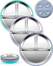 Stainless Steel Kids Plates 3 Pack 9.25" Stainless Steel Baby Plates W/ Suction