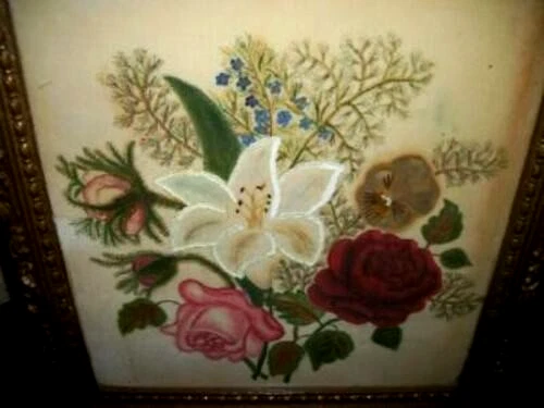 Americana 1870s Theorem Velvet Floral Painting Folk Art Old Wavy Glass Framed - Image 2 of 4