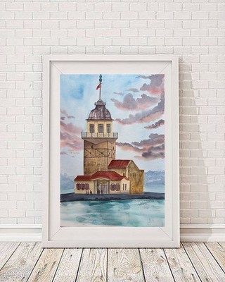 Kiz Kulesi Maiden's Tower Instanbul Original Watercolor Paintin Landscape 11*16