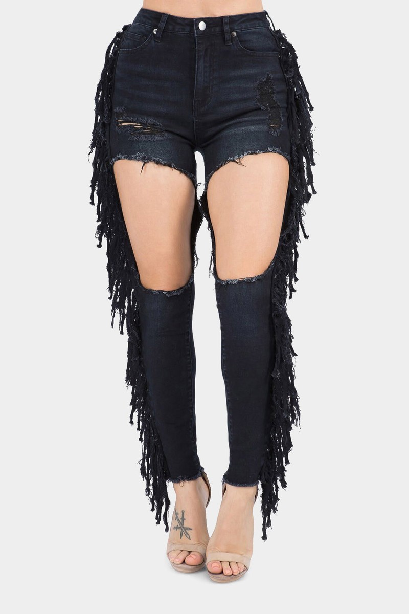 American Bazi Women's Destroyed High Rise Fringe Denim Jeans