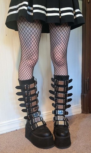 Demonia Damned-318 Womans 8 Buckle Strap Black Platform Plated Knee Boots Goth  - Picture 1 of 10