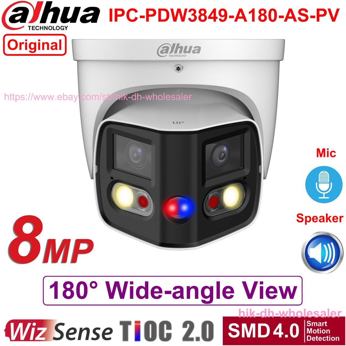Dahua IPC-PDW3849-A180-AS-PV 8MP 180° Panoramic 2-Way Talk TiOC2 PoE  IP Camera