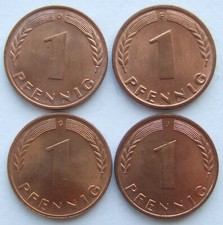 Coins BRD 1 Pfennig 1950 D,F,G,J in Brilliant Uncirculated