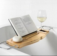 Bamboo Bathtub Caddy Tray Wine Book Tablet Phone Soap Holder Wire Handles