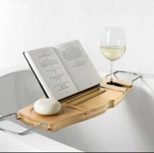 Bamboo Bathtub Caddy Tray Wine Book Tablet Phone Soap Holder Wire Handles