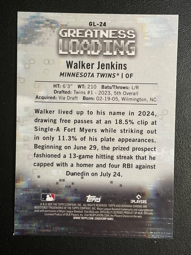 Walker Jenkins 2025 Bowman Greatness Loading Prospects Chrome Card GL-24 Twins - Picture 2 of 2