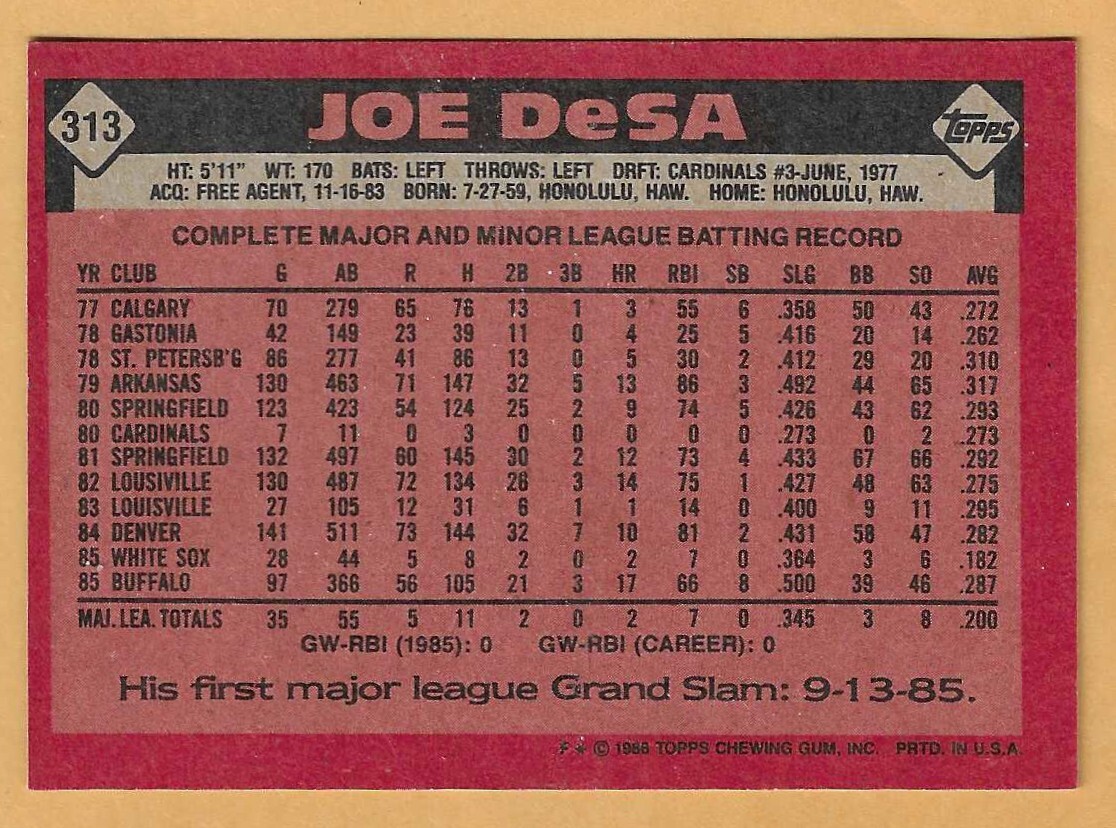 ＪOＥです。 JOE DESA CHICAGO WHITE SOX #313 - TOPPS NM-MT 1986 | eBay