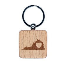 Virginia State with Heart Engraved Wood Square Keychain Tag Charm