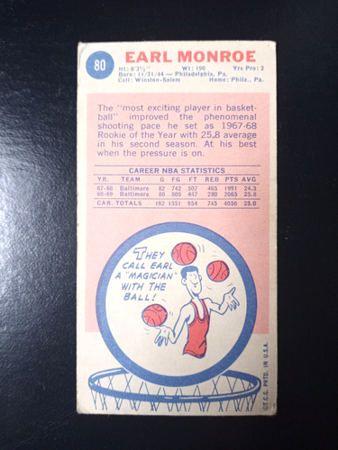 EARL MONROE BALTIMORE BULLETS 1969 TOPPS BASKETBALL CARD ROOKIE - Picture 2 of 2