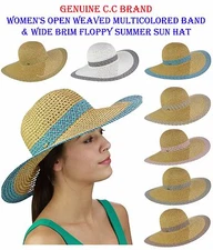 C.C Women's Open Weaved Multicolored Band and Wide Brim Floppy Summer CC Sun Hat