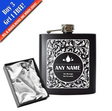 Engraved 6oz Black Hip flask - Any Name, Message, Font - white satin gift box
