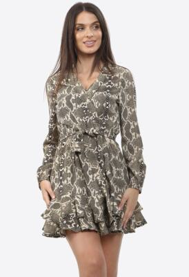Womens Beige Snake Print Wrap Dress With Ruffle Hem and Self Fabric Belt  UK
