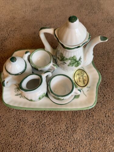 Miniature Tea Set 10 Pc Porcelain Andrea by Sadek Ivy Leaf Design - Picture 1 of 4