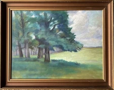 1942 IMPRESSIONIST GREEN SUMMER LANDSCAPE MEADOW FIELD FOREST EDGE TREES PASTEL 
