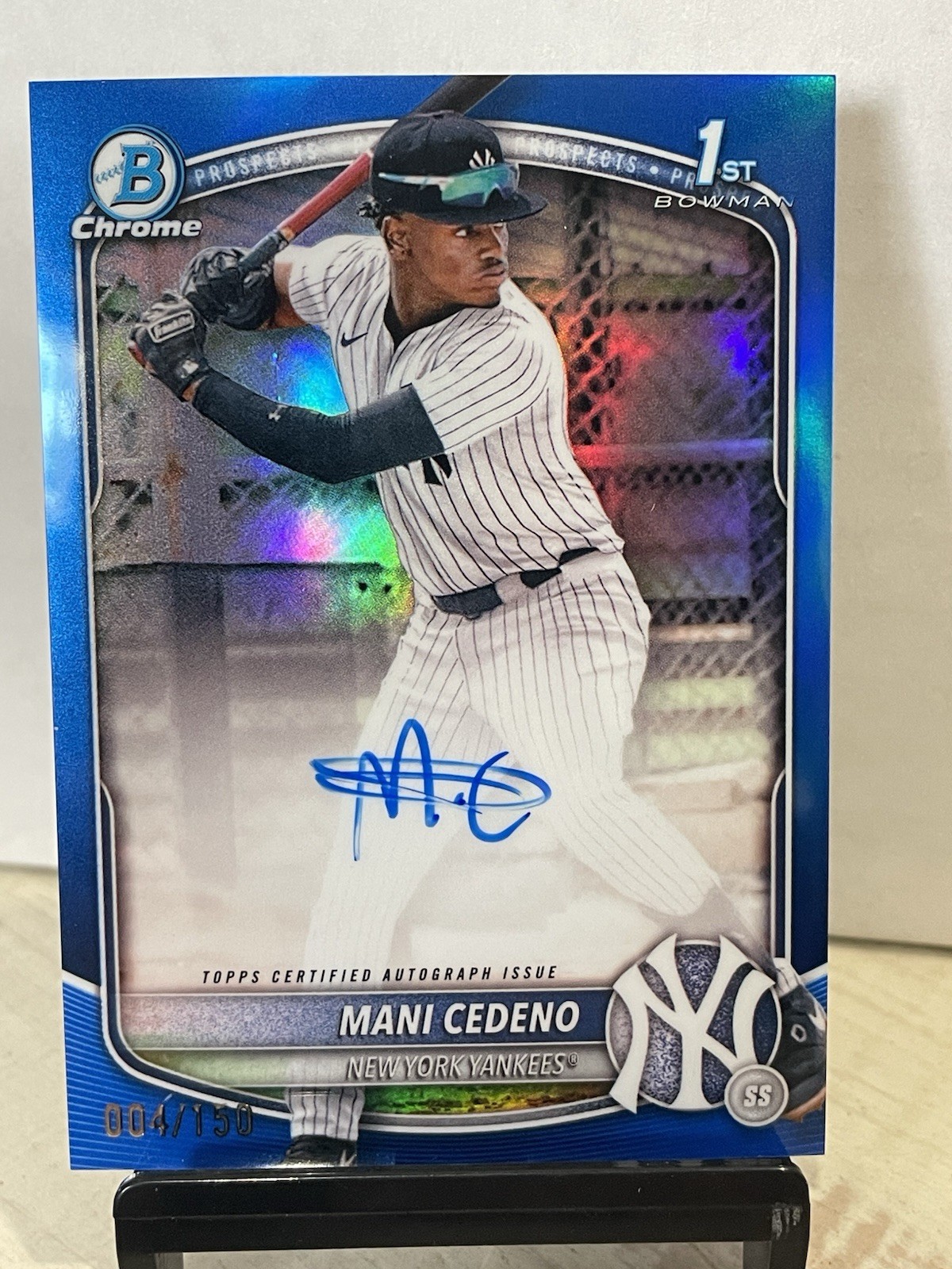 2025 Bowman Chrome - Mani Cedeno 1st True Blue Refractor Auto /150 - Yankees
