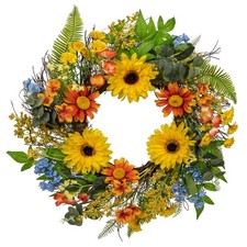 19.7 Artificial Sunflowers Wreath Spring Summer Faux Wildflowers in Green F...