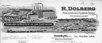 R. Dolberg Maschinen- und Feldbahn Fabrik AG letter Hamburg 1908 Rostock Dortmund