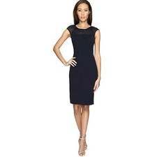 Adrianna Papell Womens Short Sleeves Illusion Yoke Sheath Dress Dark Navy 6 new