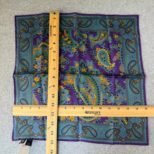 Ben Silver Mens Paisley Silk Pocket Square Violet Green Orange Handkerchief NWT - Picture 2 of 9