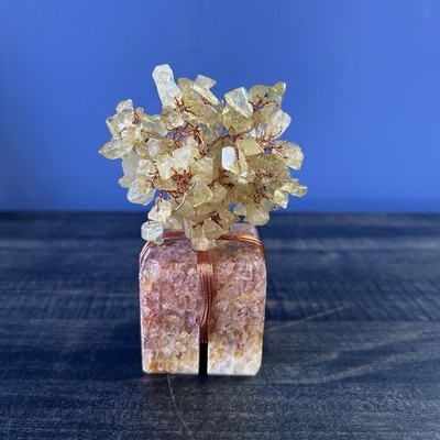Tree of Life Sculpture Citrine Crystal Gemstone Rose Quartz Base Copper Wire