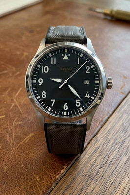 Aviation Field Watch, Black Dial, Stainless Steel Case, Grey Cordura strap