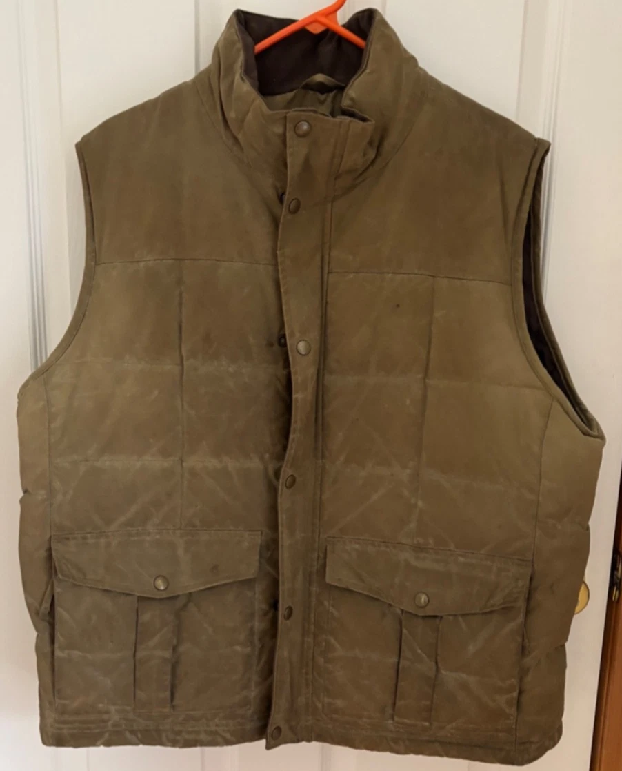 LL Bean Vest Mens Large Brown Waxed Canvas Goose Down Quilted Puffer