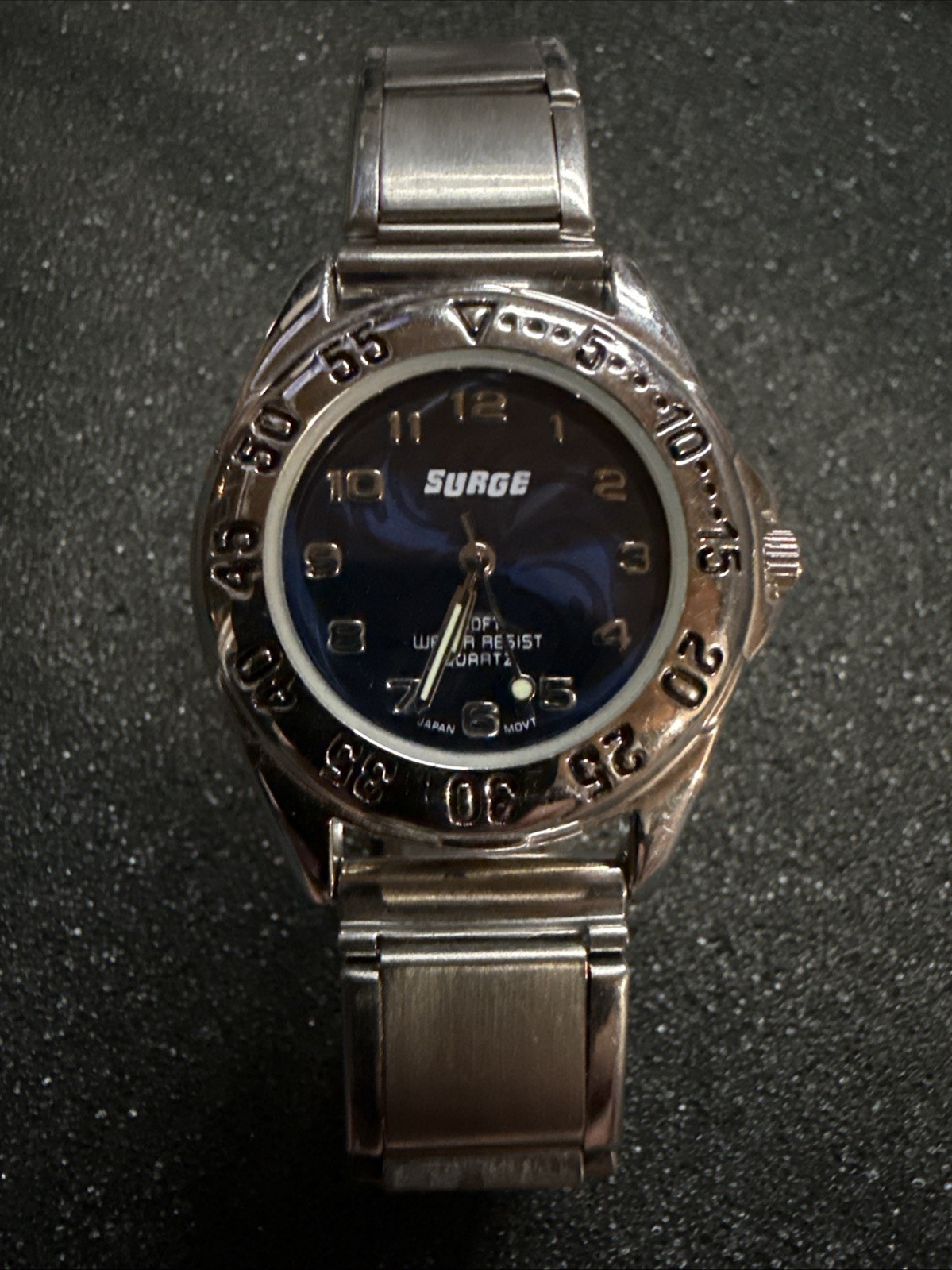 SURGE Men’s Sport Watch Black Dial, Rotating Bezel Silver Link Band Japan Quartz