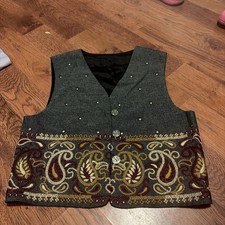 Vintage 90s Made In USA Boho Paisley Tapestry Cropped Vest Studded Button Front