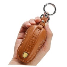 for Porsche Leather Key Fob Cover with Keychain Key Shell Compatible with Brown