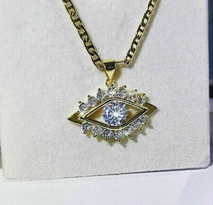 Authentic 2Ct Round Cut Moissanite Evil Eye Pendant 14k Yellow Gold Plated Cable Chain 18"