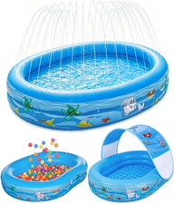 Inflatable Kids Pool with Canopy and Sprinkler 65" X 46", Kiddie Blow up Pool wi