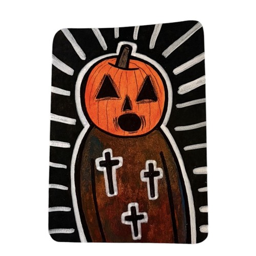 Original Watercolor Acrylic Painting Pumpkin Head #2 ACEO art Horror Halloween