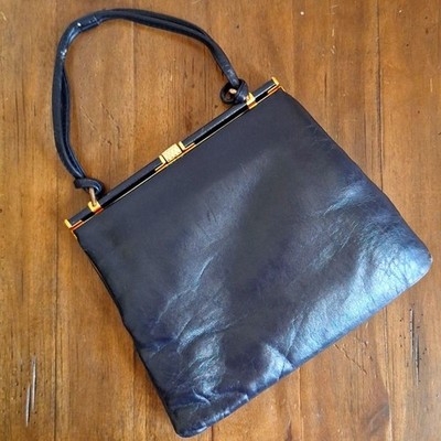Jane Shilton 本革　上質レザー フォーマルハンドバッグ ブラック Vintage Jane Shilton Genuine Leather Navy Handbag With Gold Metal