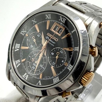 Seiko Premier Chronograph Uhr Herren schwarzes Zifferblatt Edelstahl silberfa...