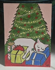 ACEO Original Art Painting White Cat Sleeping Christmas Presents Tree OOAK ATC 