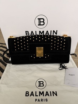 Balmain 1945 Polka Dot Studded Clutch Shoulder Bag Black Suede Gold Hardware NWT