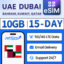 Gulf Region eSIM - 10GB High-Speed, 15 Day JetSim Travel eSIM