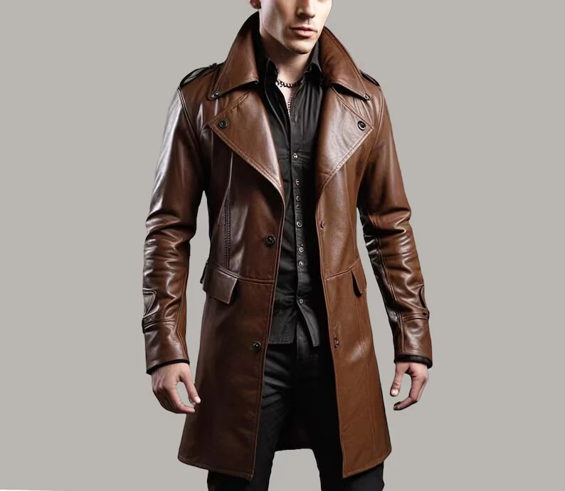 Mens Trench Coat Leather Lambskin Overcoat Stylish Soft Winter Elevated Jacket