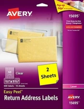 [2 Sheets] Avery 15695 Clear Return Address Labels 2/3" x 1-3/4" LASER