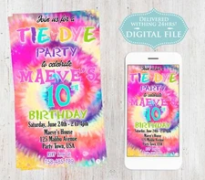 You Print Birthday, Tie Dye Invitation, WaterColor, Tie Dye Party, Digital File