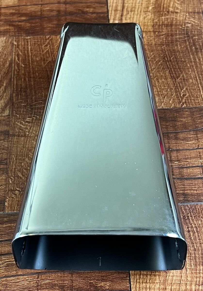 Handheld Cowbell + Bag. Colombian Percussion, Polished Chrome High Pitch, CP#1. Handheld Cowbell + Bag. Colombian Percussion, Polished Chrome High Pitch, CP#1.