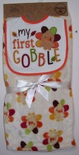 Baby Essentials 2 Pc Very Soft Turkey Thanksgiving My First Gobble Bib  Blanket