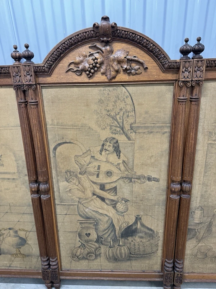 Antigua pantalla de fuego/pantalla plegable con marco de madera y arte en lienzo 58”x84”x4” Foto 3 de 4