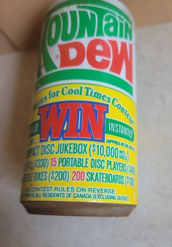 MOUNTAIN DEW Vintage CONTEST Soda Can PUSH BUTTON Steel FLAT TOP Toronto Canada - Picture 13 of 16
